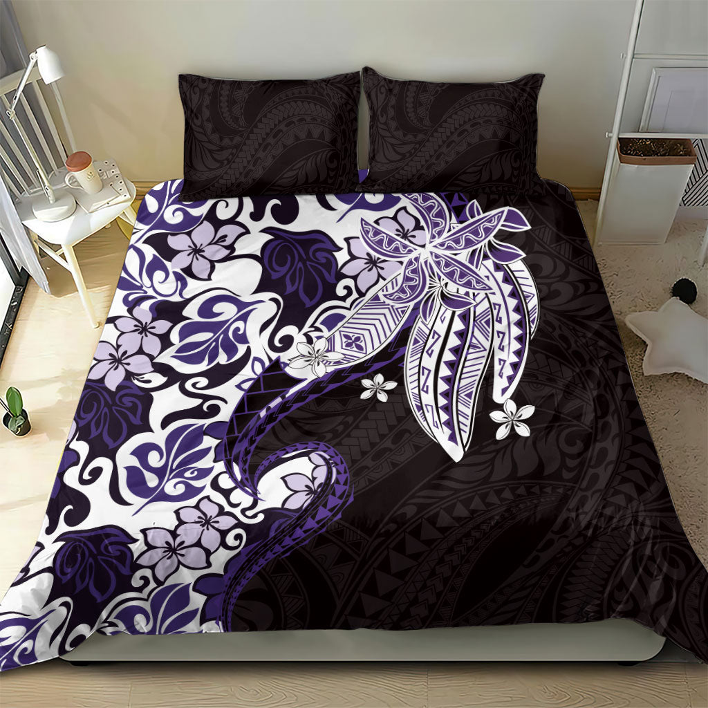 Monstera Plumeria Flowers Purple Bedding Set Polynesian Pattern