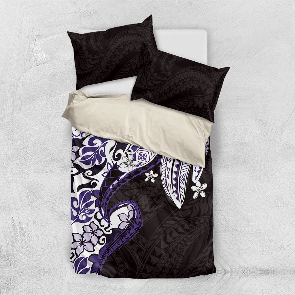 Monstera Plumeria Flowers Purple Bedding Set Polynesian Pattern