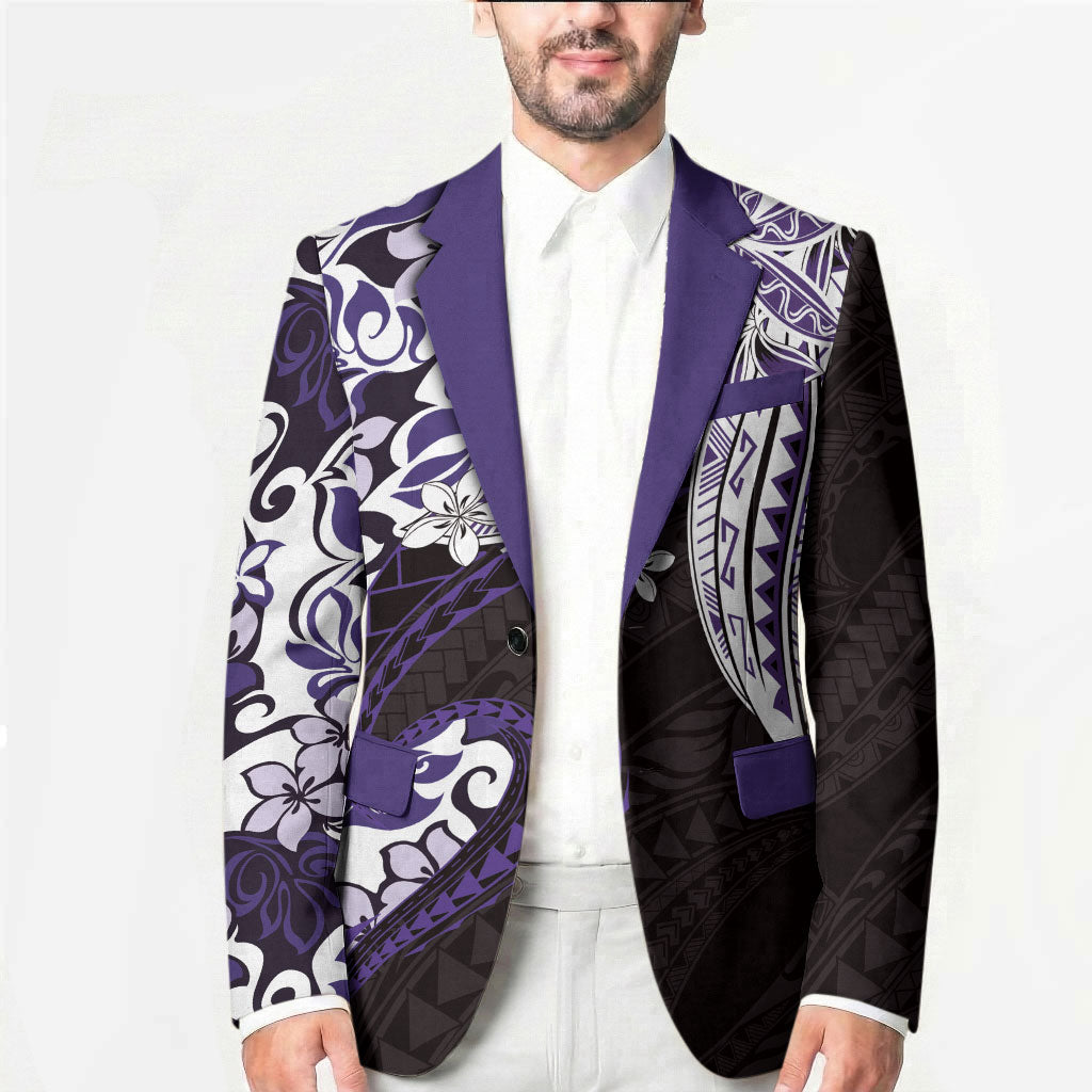 Monstera Plumeria Flowers Purple Blazer Polynesian Pattern