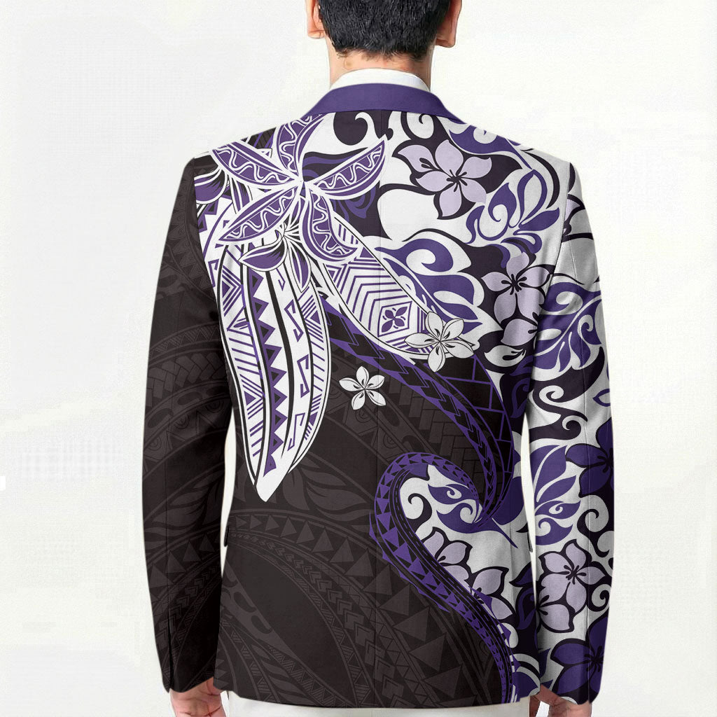 Monstera Plumeria Flowers Purple Blazer Polynesian Pattern