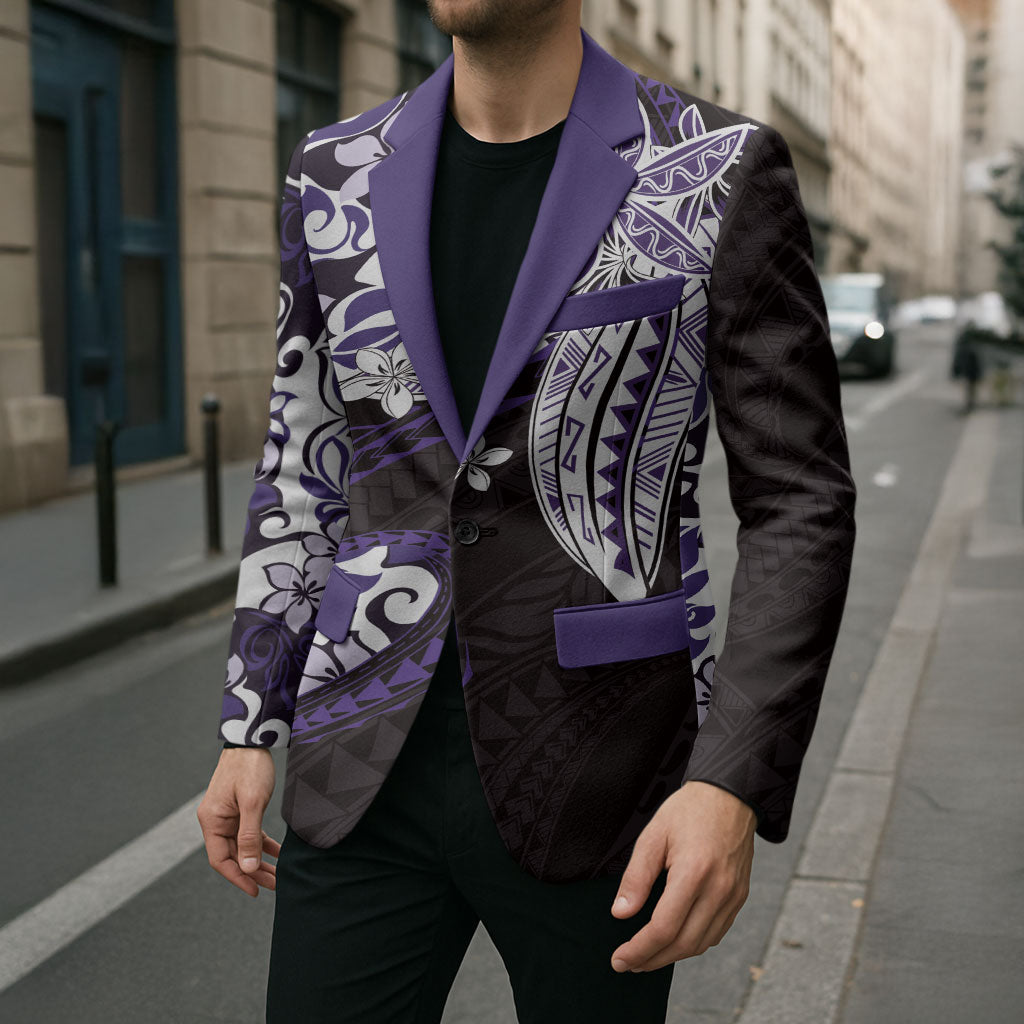 Monstera Plumeria Flowers Purple Blazer Polynesian Pattern