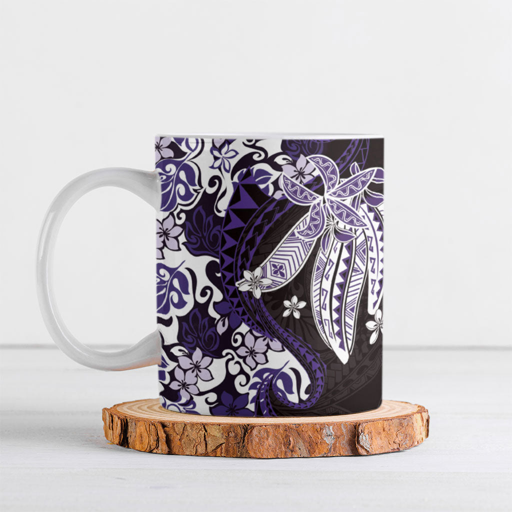 Monstera Plumeria Flowers Purple Ceramic Mug Polynesian Pattern