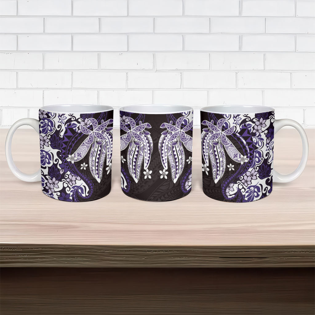 Monstera Plumeria Flowers Purple Ceramic Mug Polynesian Pattern