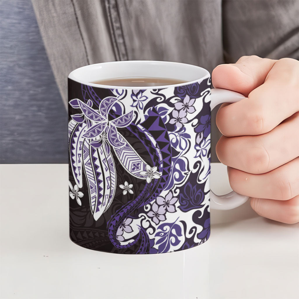 Monstera Plumeria Flowers Purple Ceramic Mug Polynesian Pattern