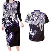 Monstera Plumeria Flowers Purple Couples Matching Long Sleeve Bodycon Dress and Hawaiian Shirt Polynesian Pattern LT01 Purple - Polynesian Pride