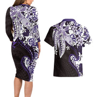 Monstera Plumeria Flowers Purple Couples Matching Long Sleeve Bodycon Dress and Hawaiian Shirt Polynesian Pattern LT01 - Polynesian Pride