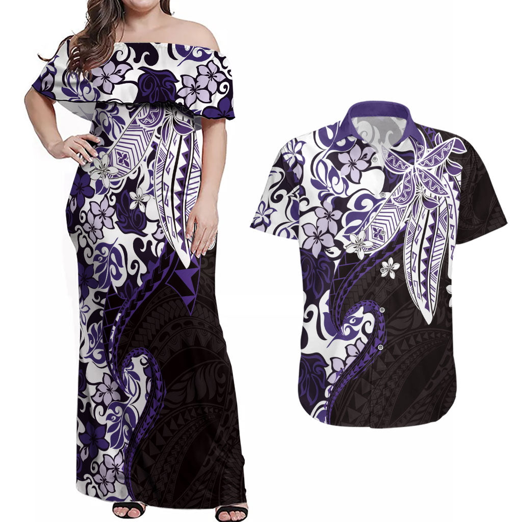 Monstera Plumeria Flowers Purple Couples Matching Off Shoulder Maxi Dress and Hawaiian Shirt Polynesian Pattern