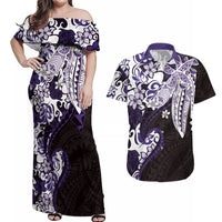 Monstera Plumeria Flowers Purple Couples Matching Off Shoulder Maxi Dress and Hawaiian Shirt Polynesian Pattern LT01 Purple - Polynesian Pride