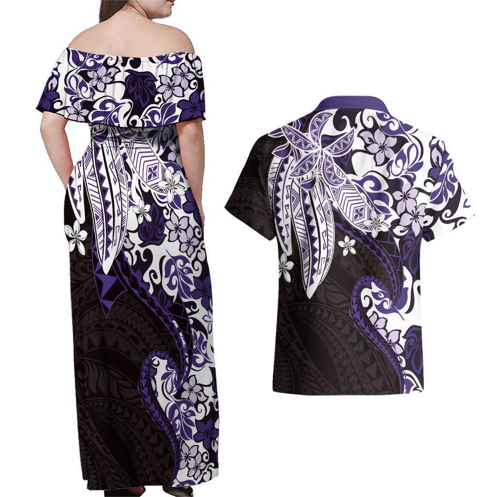 Monstera Plumeria Flowers Purple Couples Matching Off Shoulder Maxi Dress and Hawaiian Shirt Polynesian Pattern LT01 - Polynesian Pride