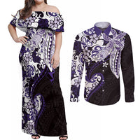Monstera Plumeria Flowers Purple Couples Matching Off Shoulder Maxi Dress and Long Sleeve Button Shirt Polynesian Pattern