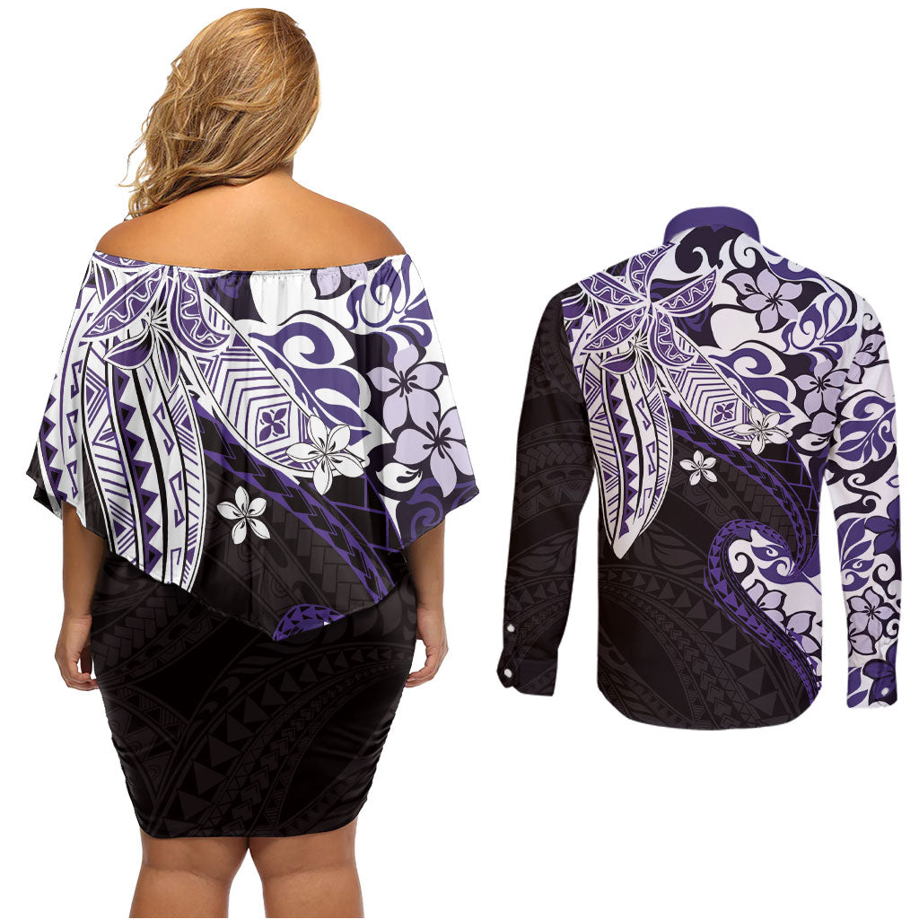 Monstera Plumeria Flowers Purple Couples Matching Off Shoulder Short Dress and Long Sleeve Button Shirt Polynesian Pattern