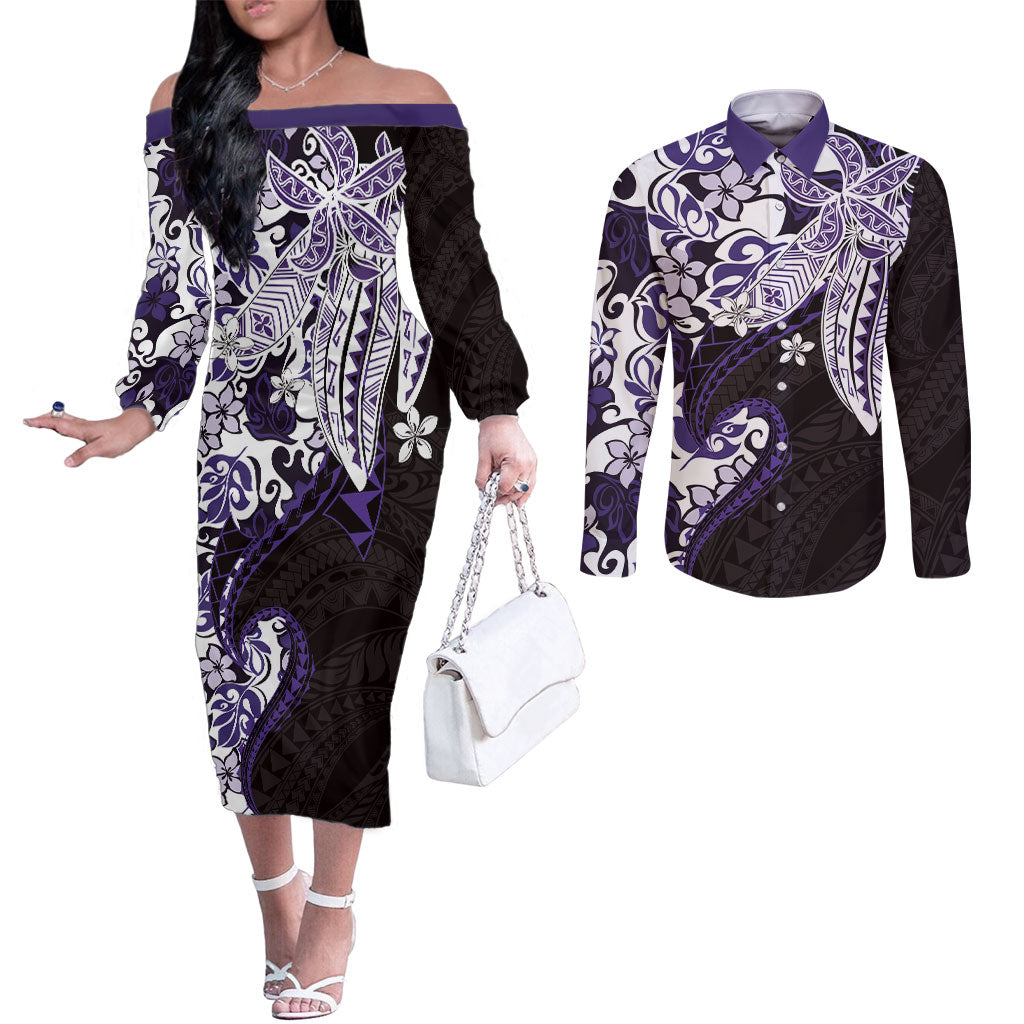Monstera Plumeria Flowers Purple Couples Matching Off The Shoulder Long Sleeve Dress and Long Sleeve Button Shirt Polynesian Pattern