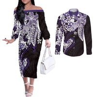 Monstera Plumeria Flowers Purple Couples Matching Off The Shoulder Long Sleeve Dress and Long Sleeve Button Shirt Polynesian Pattern LT01 Purple - Polynesian Pride
