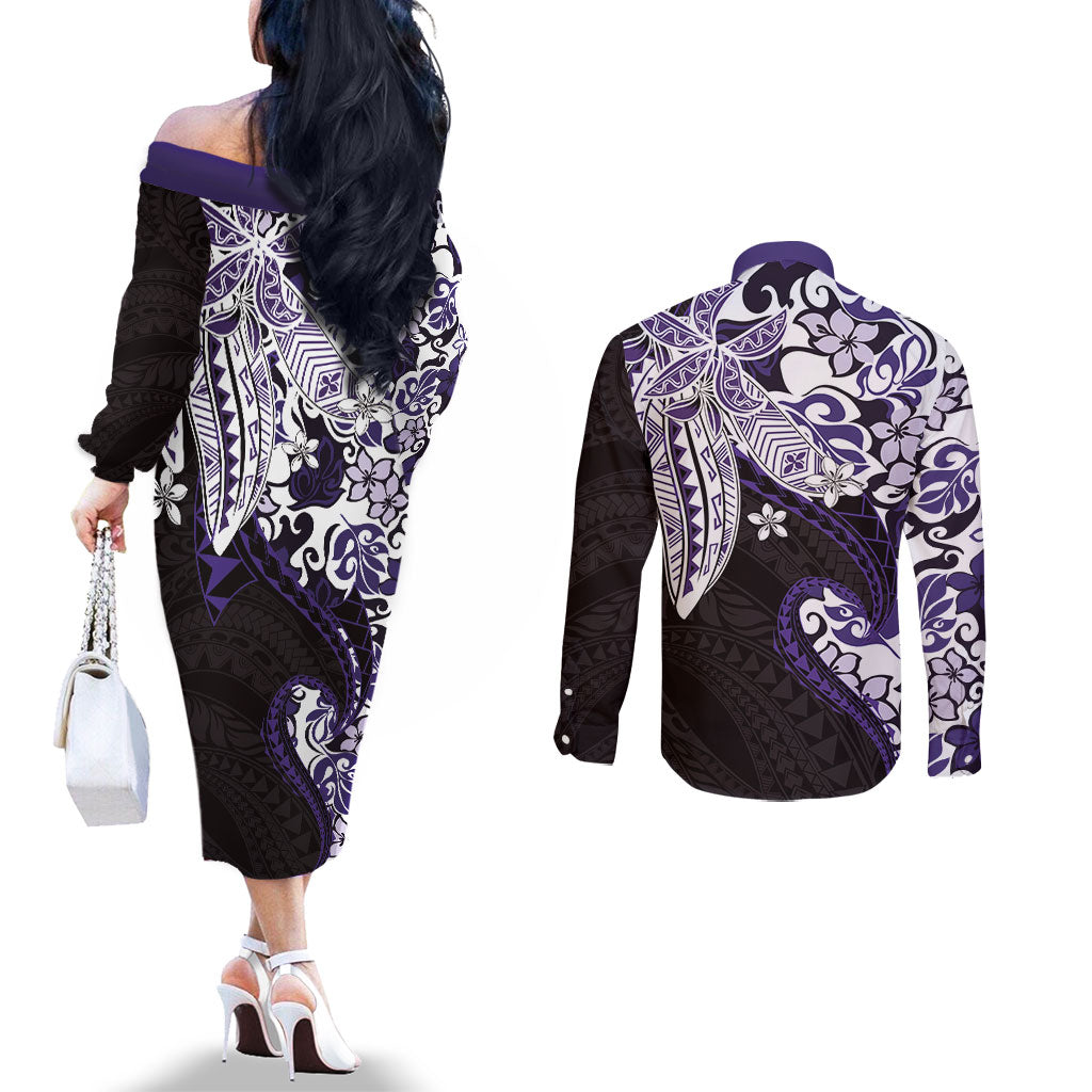 Monstera Plumeria Flowers Purple Couples Matching Off The Shoulder Long Sleeve Dress and Long Sleeve Button Shirt Polynesian Pattern LT01 - Polynesian Pride