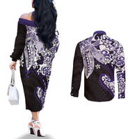 Monstera Plumeria Flowers Purple Couples Matching Off The Shoulder Long Sleeve Dress and Long Sleeve Button Shirt Polynesian Pattern LT01 - Polynesian Pride