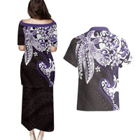 Monstera Plumeria Flowers Purple Couples Matching Puletasi and Hawaiian Shirt Polynesian Pattern