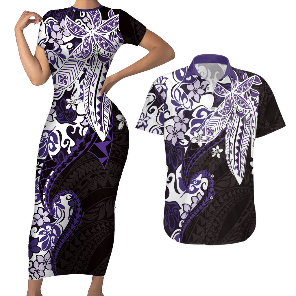 Monstera Plumeria Flowers Purple Couples Matching Short Sleeve Bodycon Dress and Hawaiian Shirt Polynesian Pattern LT01 Purple - Polynesian Pride