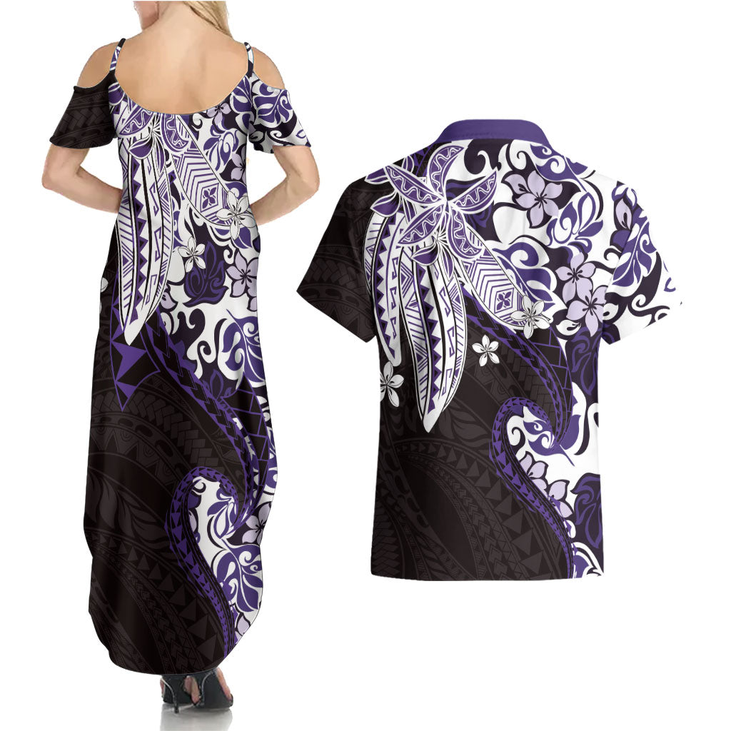 Monstera Plumeria Flowers Purple Couples Matching Summer Maxi Dress and Hawaiian Shirt Polynesian Pattern LT01 - Polynesian Pride