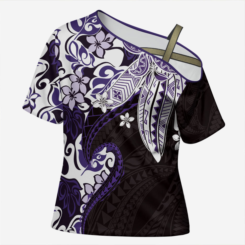 Monstera Plumeria Flowers Purple Cross Shoulder Shirt Polynesian Pattern LT01 Female Purple - Polynesian Pride
