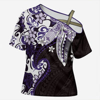 Monstera Plumeria Flowers Purple Cross Shoulder Shirt Polynesian Pattern
