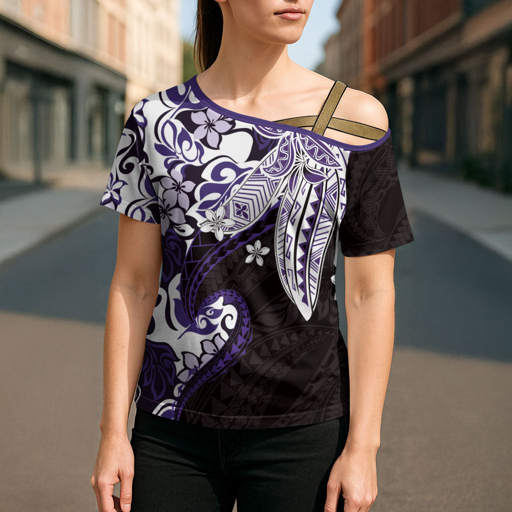 Monstera Plumeria Flowers Purple Cross Shoulder Shirt Polynesian Pattern