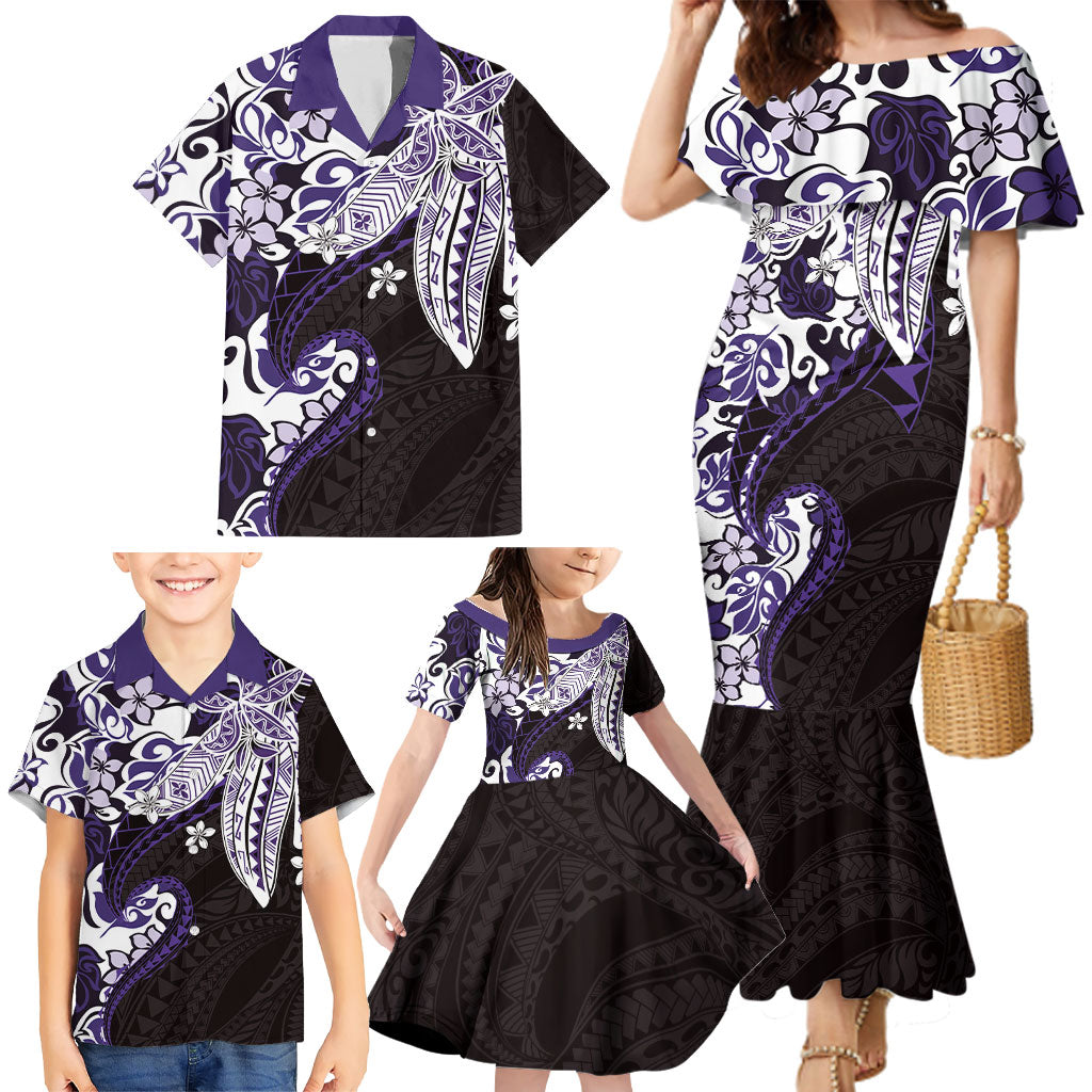 Monstera Plumeria Flowers Purple Family Matching Mermaid Dress and Hawaiian Shirt Polynesian Pattern