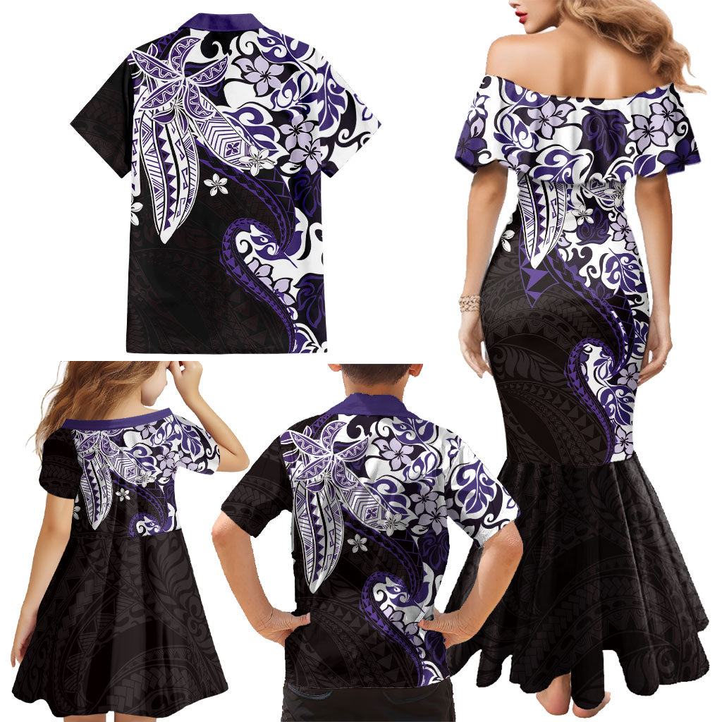Monstera Plumeria Flowers Purple Family Matching Mermaid Dress and Hawaiian Shirt Polynesian Pattern