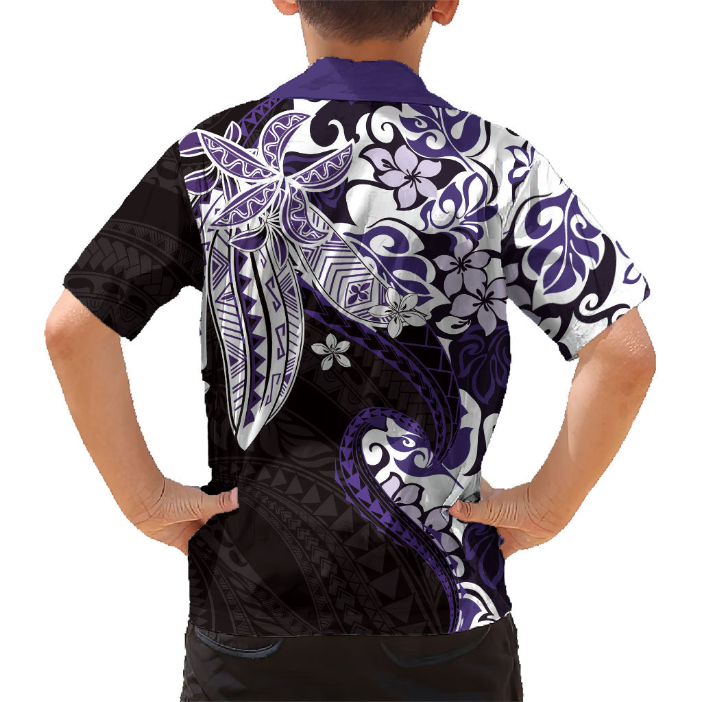 Monstera Plumeria Flowers Purple Kid Hawaiian Shirt Polynesian Pattern