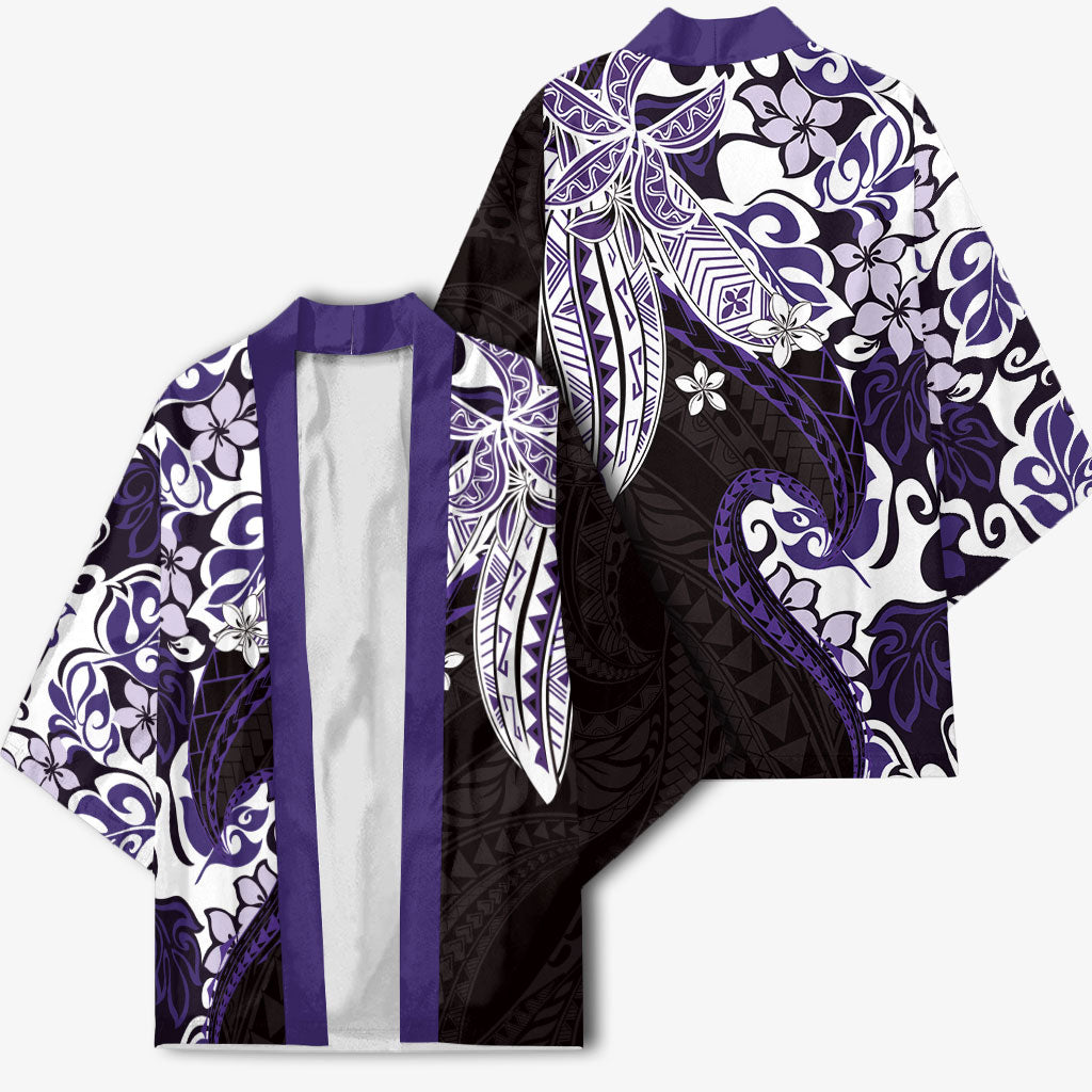 Monstera Plumeria Flowers Purple Kimono Polynesian Pattern