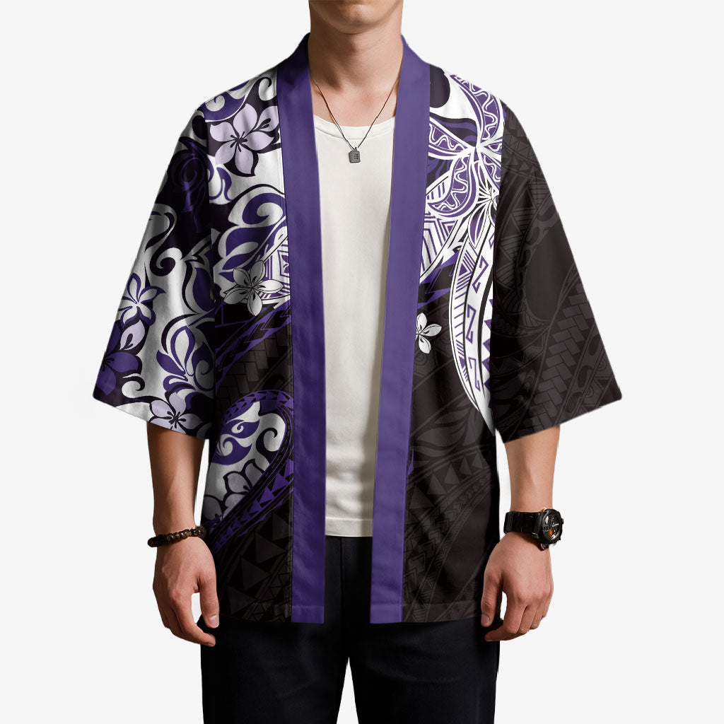 Monstera Plumeria Flowers Purple Kimono Polynesian Pattern