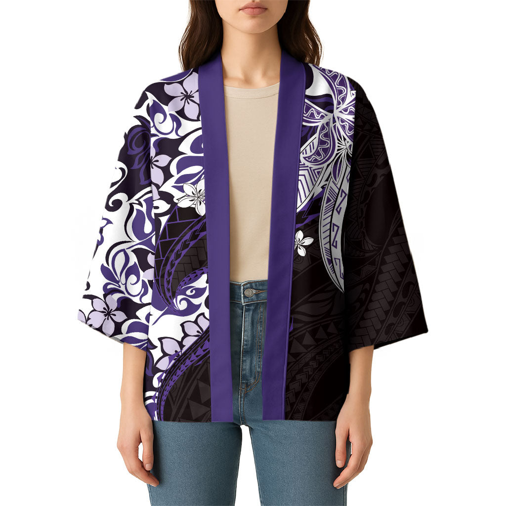 Monstera Plumeria Flowers Purple Kimono Polynesian Pattern