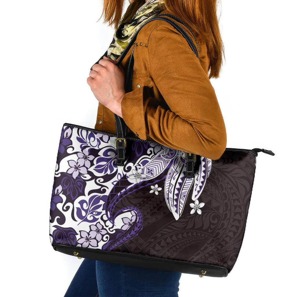 Monstera Plumeria Flowers Purple Leather Tote Bag Polynesian Pattern LT01 Purple - Polynesian Pride