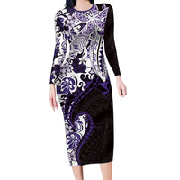 Monstera Plumeria Flowers Purple Long Sleeve Bodycon Dress Polynesian Pattern