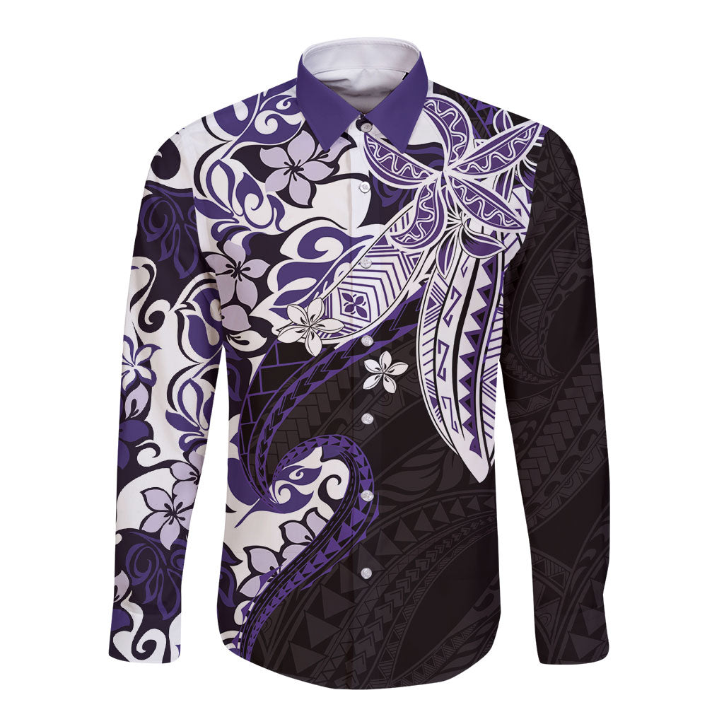 Monstera Plumeria Flowers Purple Long Sleeve Button Shirt Polynesian Pattern