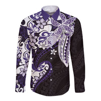 Monstera Plumeria Flowers Purple Long Sleeve Button Shirt Polynesian Pattern