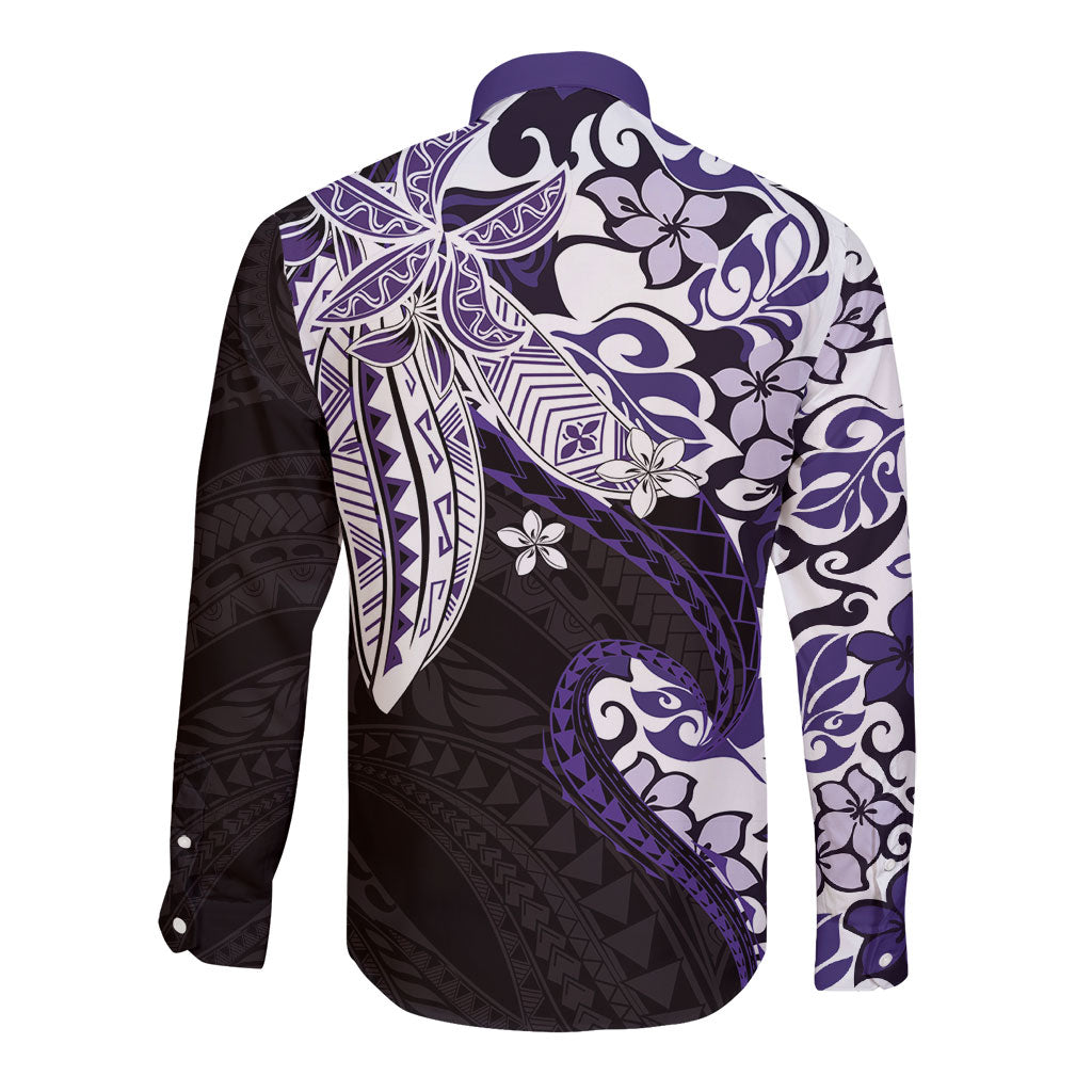 Monstera Plumeria Flowers Purple Long Sleeve Button Shirt Polynesian Pattern