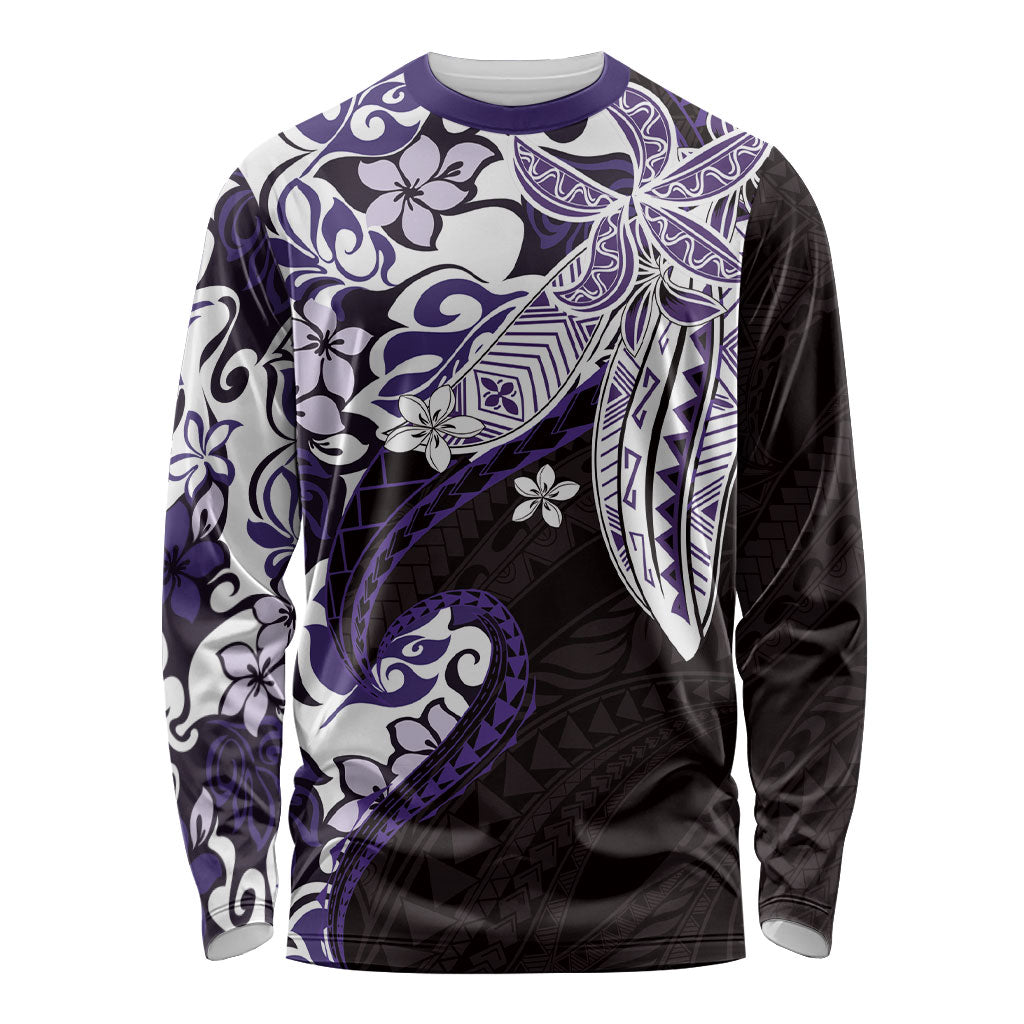 Monstera Plumeria Flowers Purple Long Sleeve Shirt Polynesian Pattern