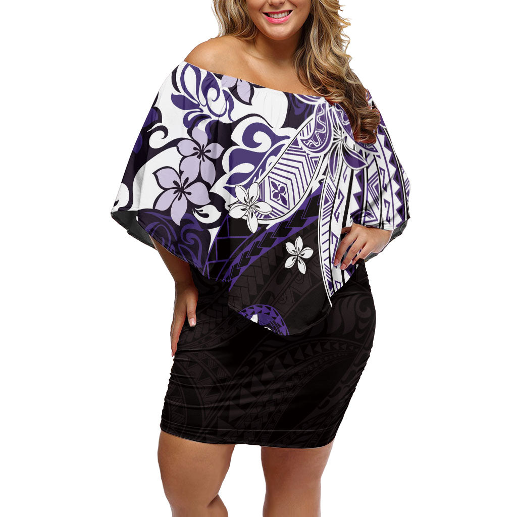 Monstera Plumeria Flowers Purple Off Shoulder Short Dress Polynesian Pattern LT01 Women Purple - Polynesian Pride