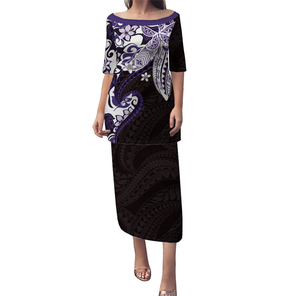Monstera Plumeria Flowers Purple Puletasi Polynesian Pattern LT01 Long Dress Purple - Polynesian Pride