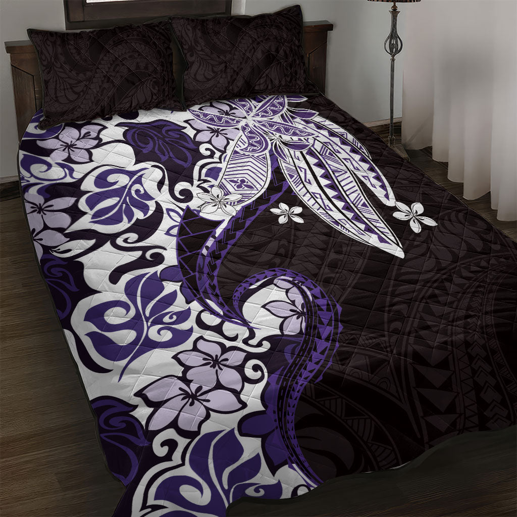 Monstera Plumeria Flowers Purple Quilt Bed Set Polynesian Pattern