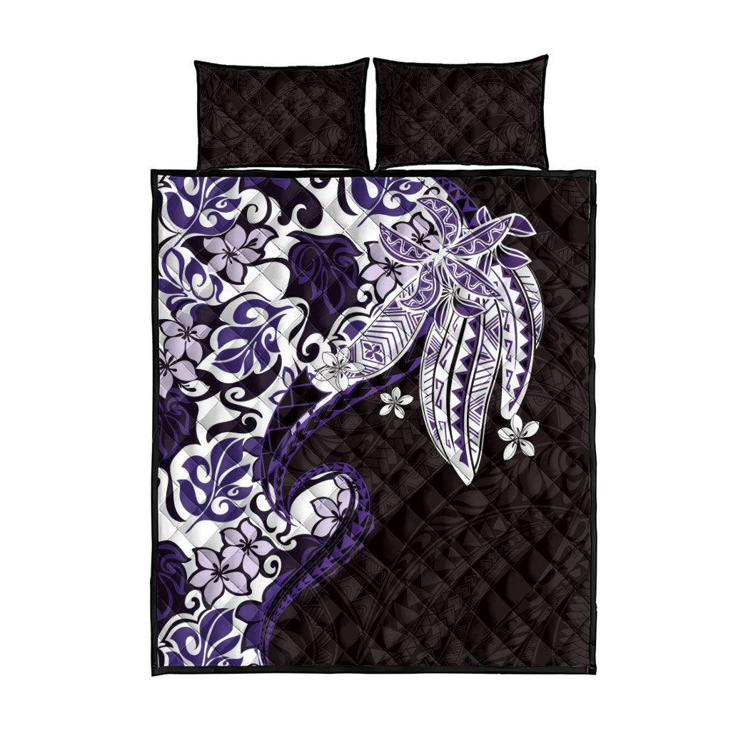Monstera Plumeria Flowers Purple Quilt Bed Set Polynesian Pattern