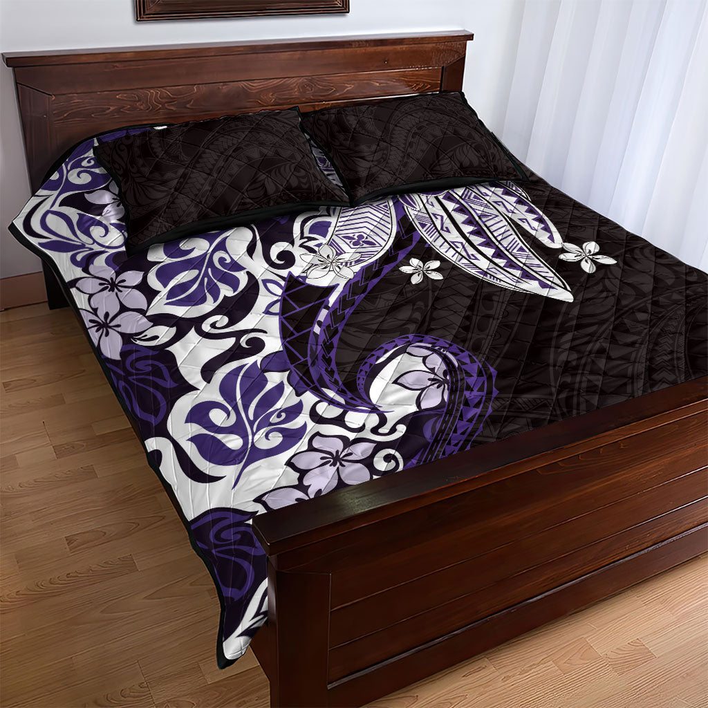 Monstera Plumeria Flowers Purple Quilt Bed Set Polynesian Pattern
