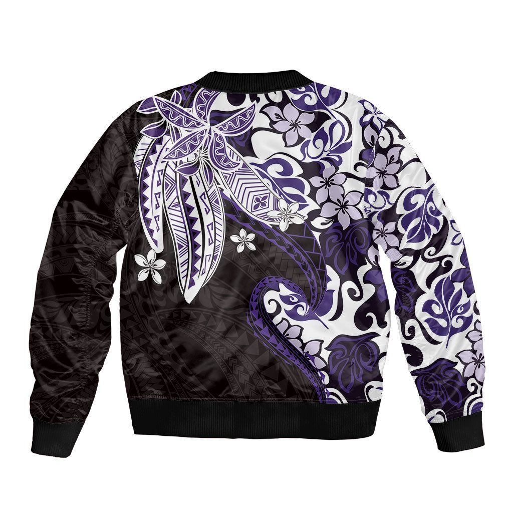 Monstera Plumeria Flowers Purple Sleeve Zip Bomber Jacket Polynesian Pattern LT01 - Polynesian Pride