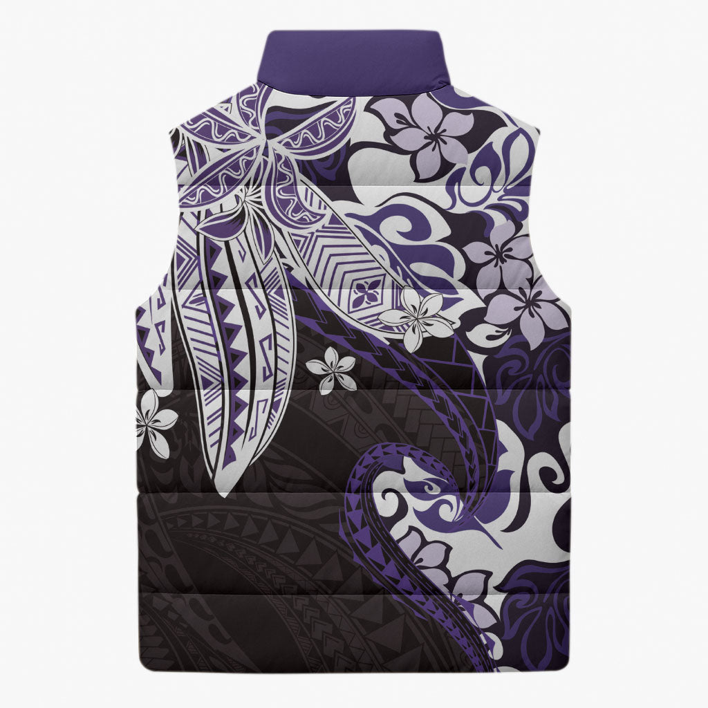 Monstera Plumeria Flowers Purple Sleeveless Puffer Jacket Polynesian Pattern