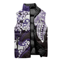 Monstera Plumeria Flowers Purple Sleeveless Puffer Jacket Polynesian Pattern