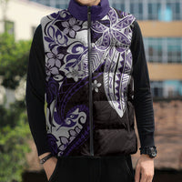Monstera Plumeria Flowers Purple Sleeveless Puffer Jacket Polynesian Pattern