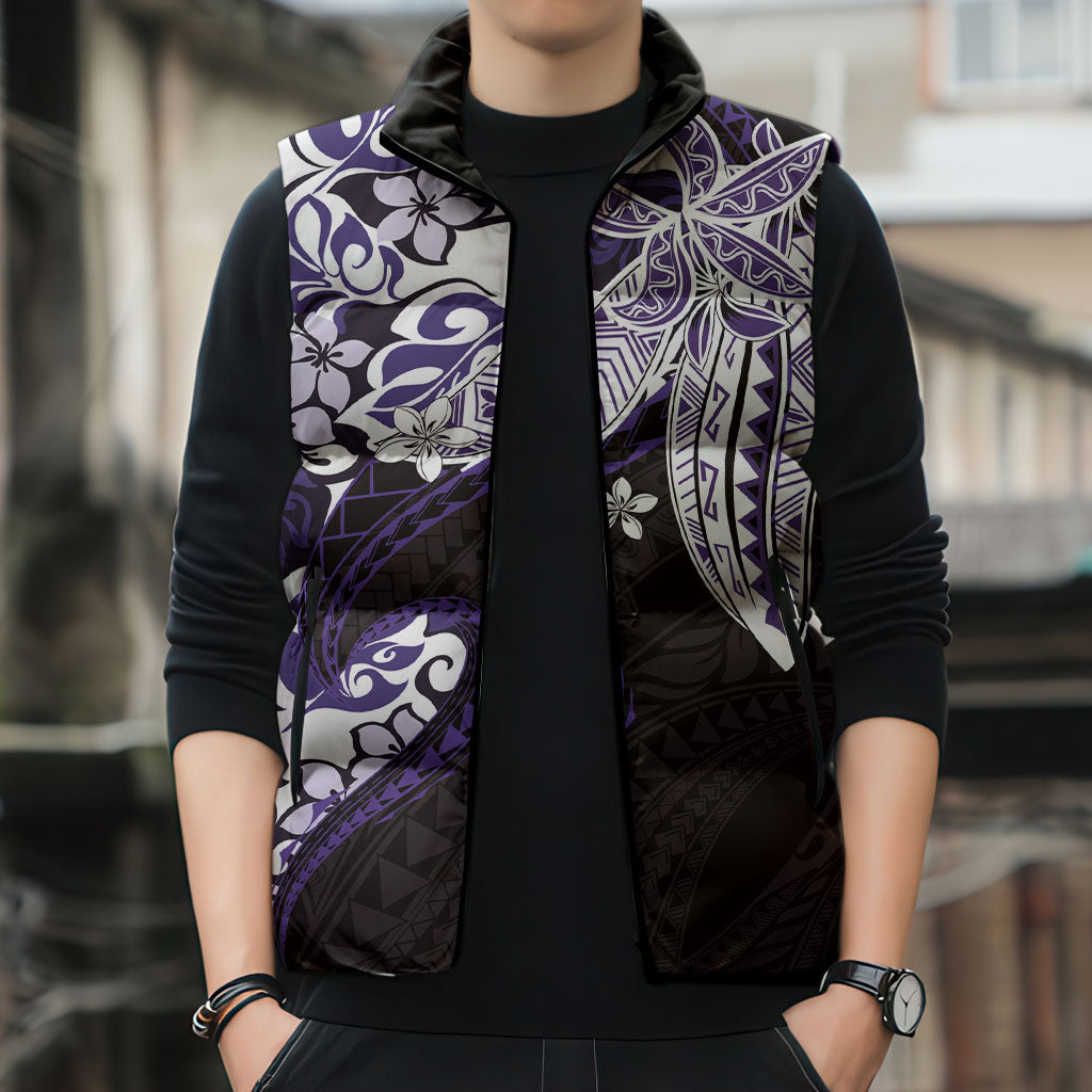 Monstera Plumeria Flowers Purple Sleeveless Puffer Jacket Polynesian Pattern