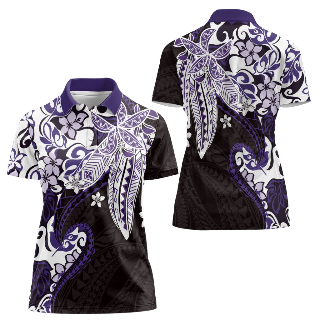 Monstera Plumeria Flowers Purple Women Polo Shirt Polynesian Pattern