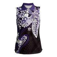 Monstera Plumeria Flowers Purple Women Sleeveless Polo Shirt Polynesian Pattern