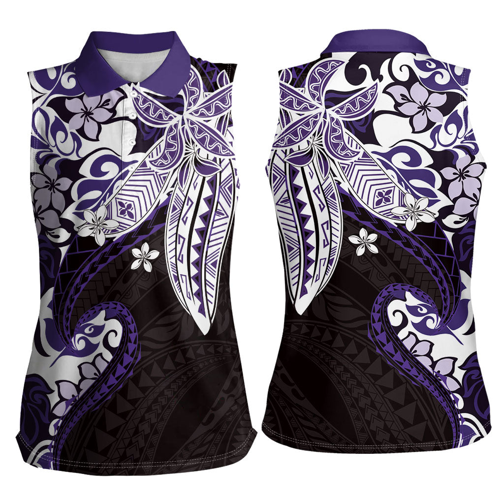Monstera Plumeria Flowers Purple Women Sleeveless Polo Shirt Polynesian Pattern